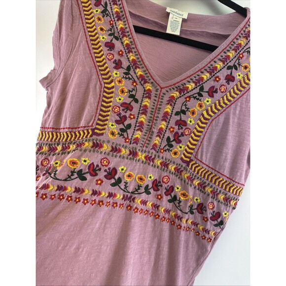 Sundance Floral Embroidered  T-shirt Purple V-Neck Cotton Beaded Womens Medium - Picture 3 of 9